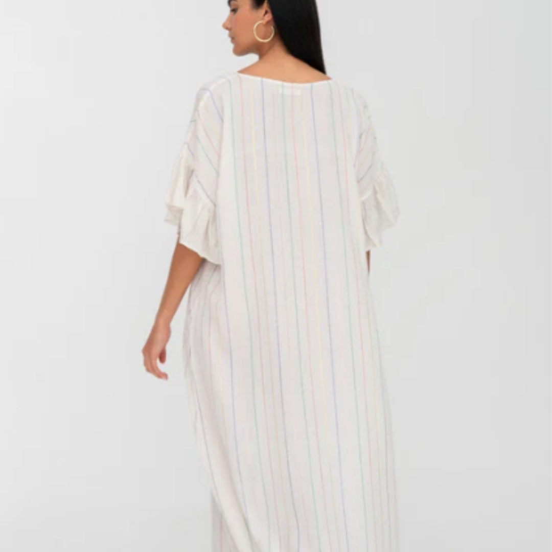 CONTRAST RUFFLE SLEEVE V-NECK DRESS- Pitusa