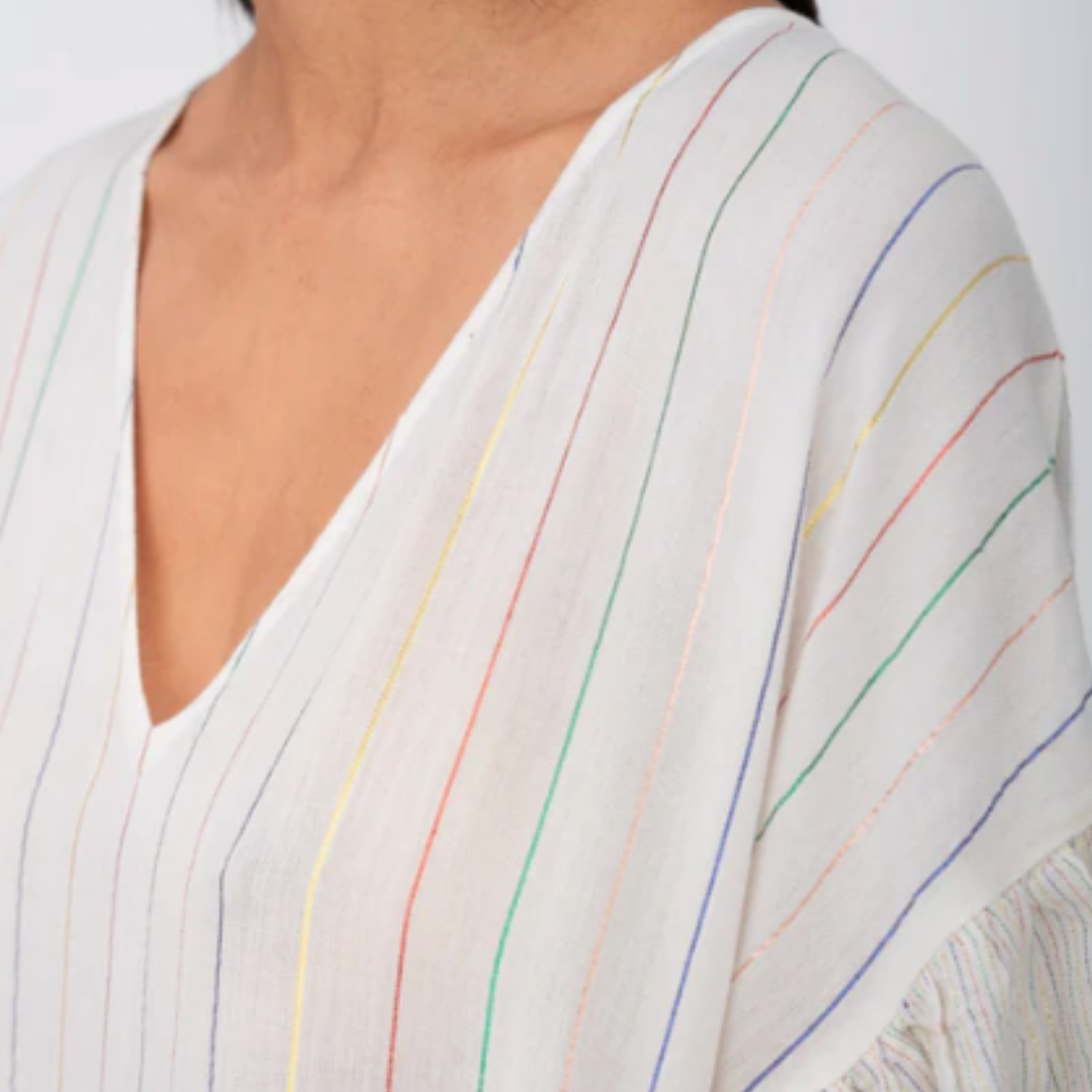 CONTRAST RUFFLE SLEEVE V-NECK DRESS- Pitusa