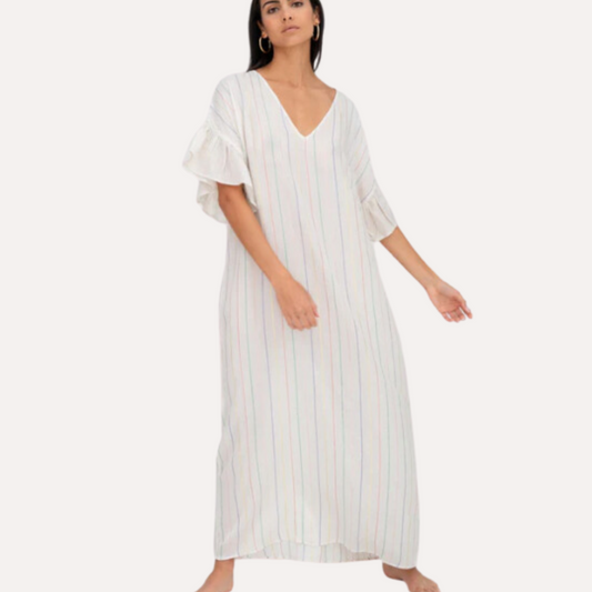 CONTRAST RUFFLE SLEEVE V-NECK DRESS- Pitusa