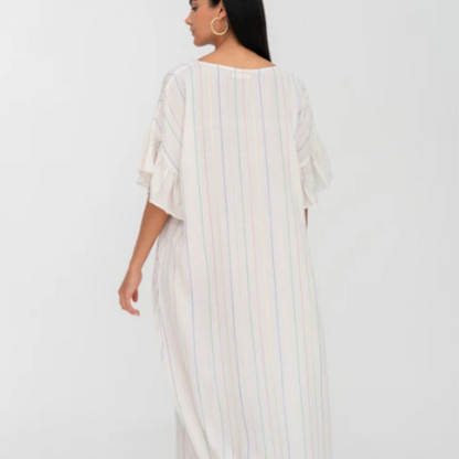CONTRAST RUFFLE SLEEVE V-NECK DRESS- Pitusa